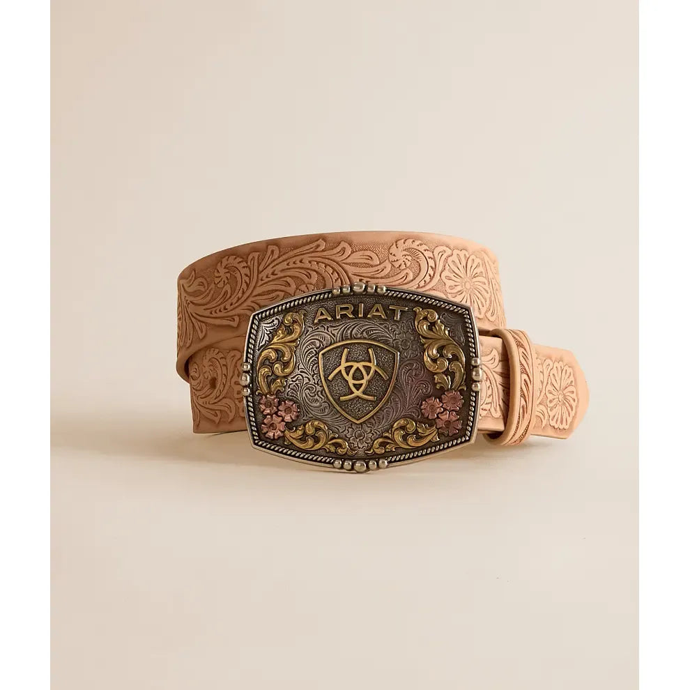 Cinturón Ariat para mujer de 3,8 cm con hebilla de arnés y puntada de insecto – Cinturón estilo western de cuero marrón medio