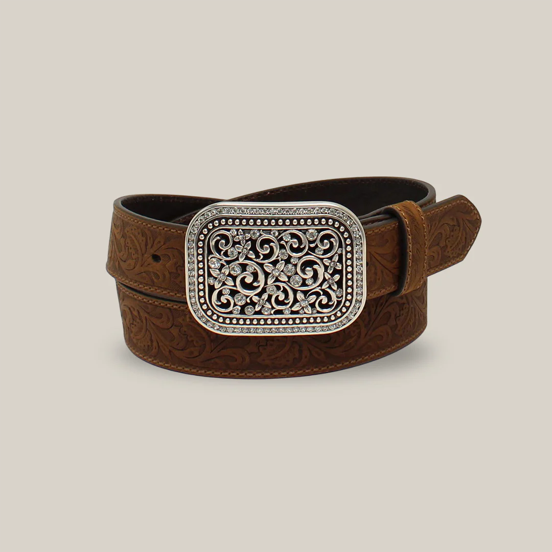 Cinturón Ariat para mujer de 3,8 cm con hebilla de arnés y puntada de insecto – Cinturón estilo western de cuero marrón medio
