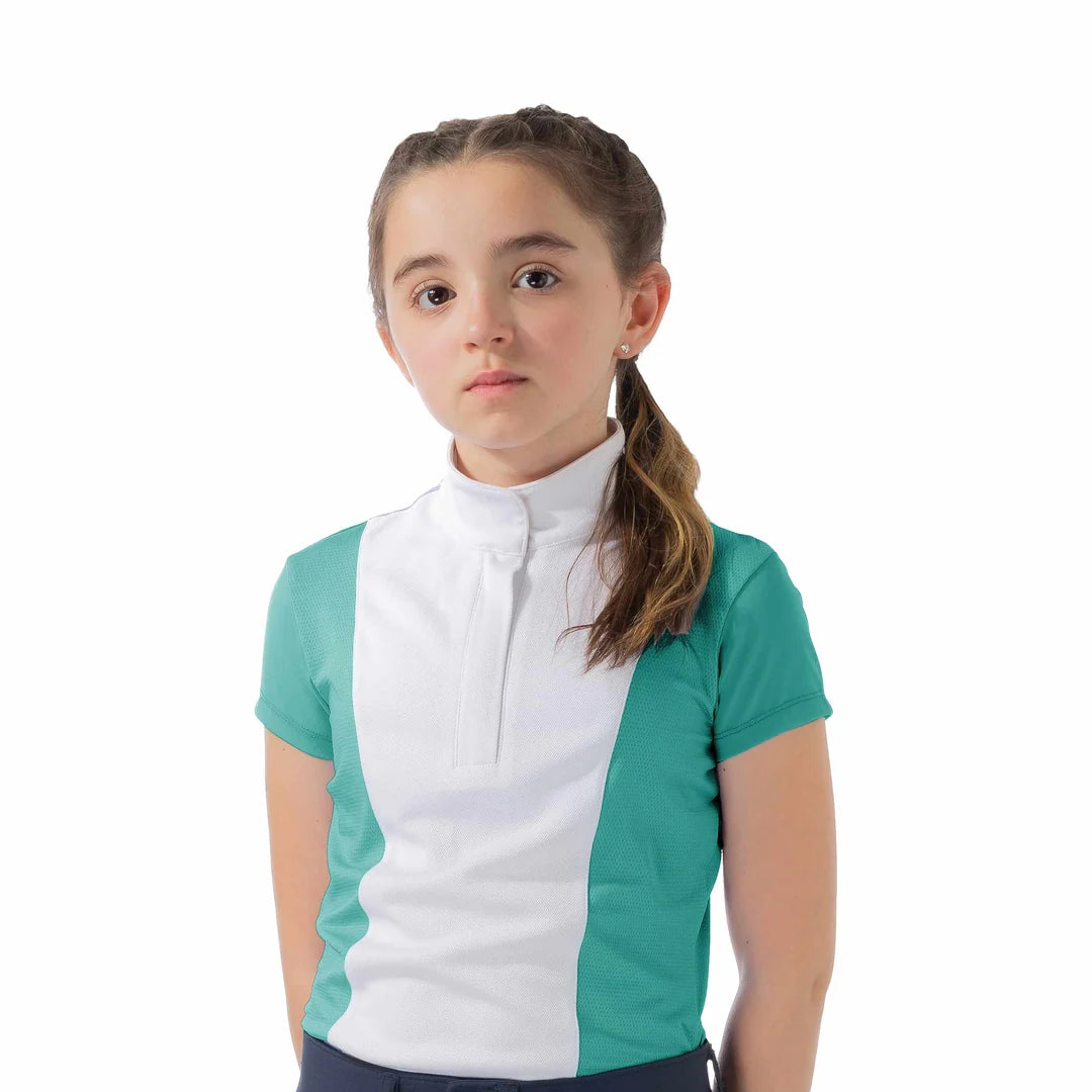 Camisa de concurso de manga corta Equinavia Charlotte para niños - Turquesa/Blanco