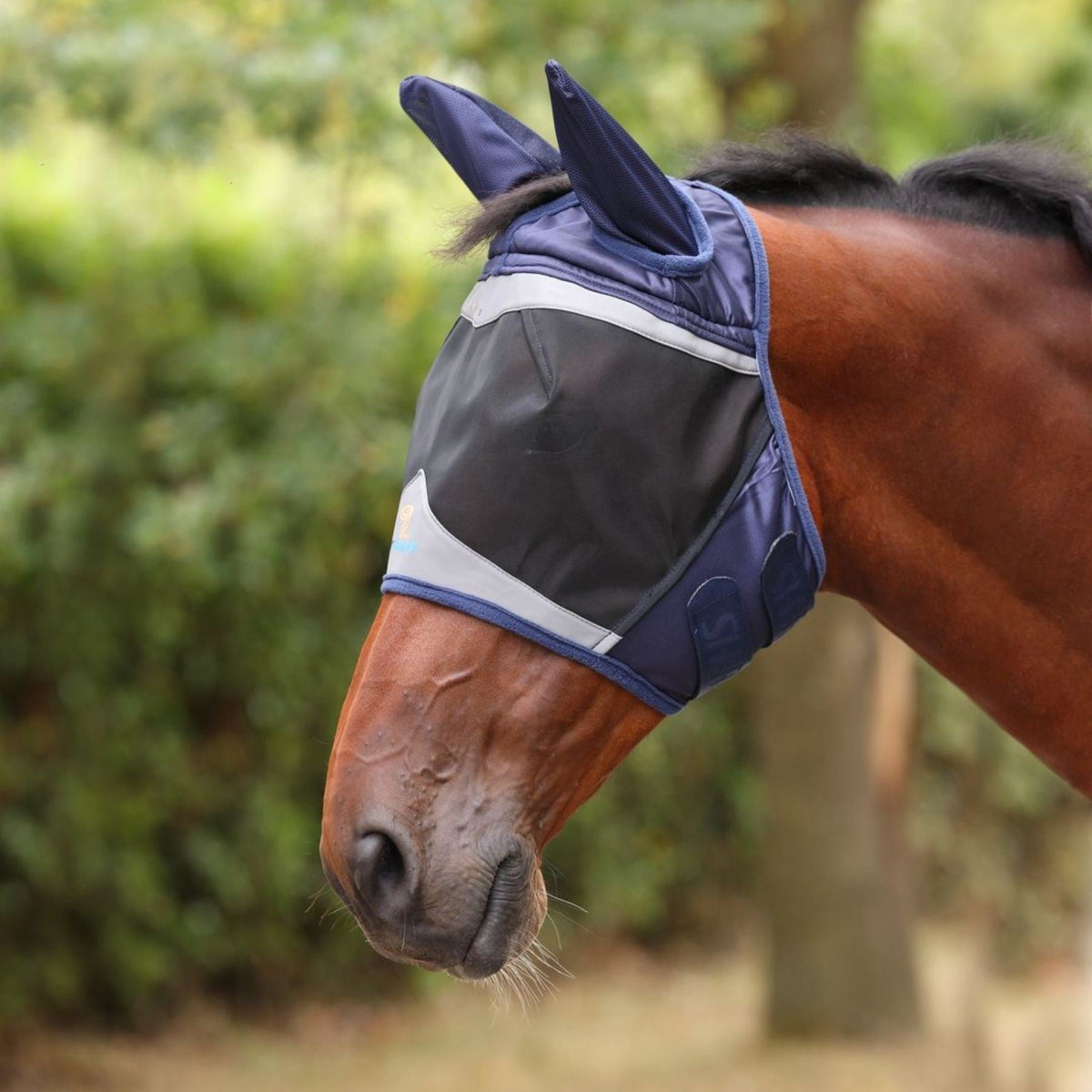 FlyGuard Pro Fine Mesh Fly Mask with Ears & Open Forelock Navy Full