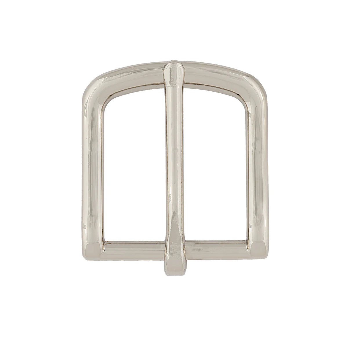 Silver metal buckle on a white background