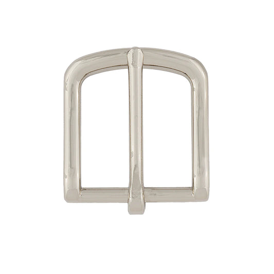 Silver metal buckle on a white background