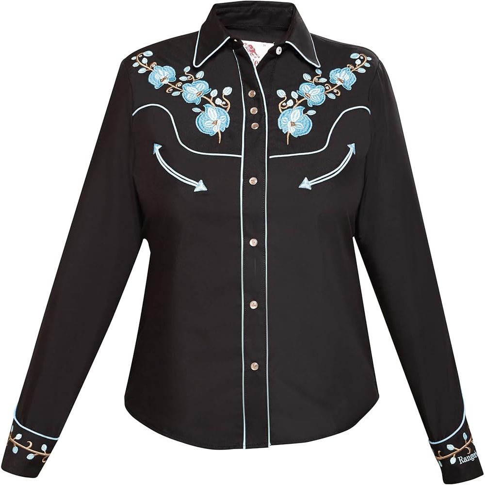 Blusa vaquera de manga larga bordada de los Rangers Jenny para mujer – Negro y turquesa