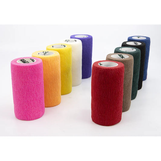 SyrFlex 4" Cohesive Flexible Bandage – Single Roll in various colors displayed in a row.