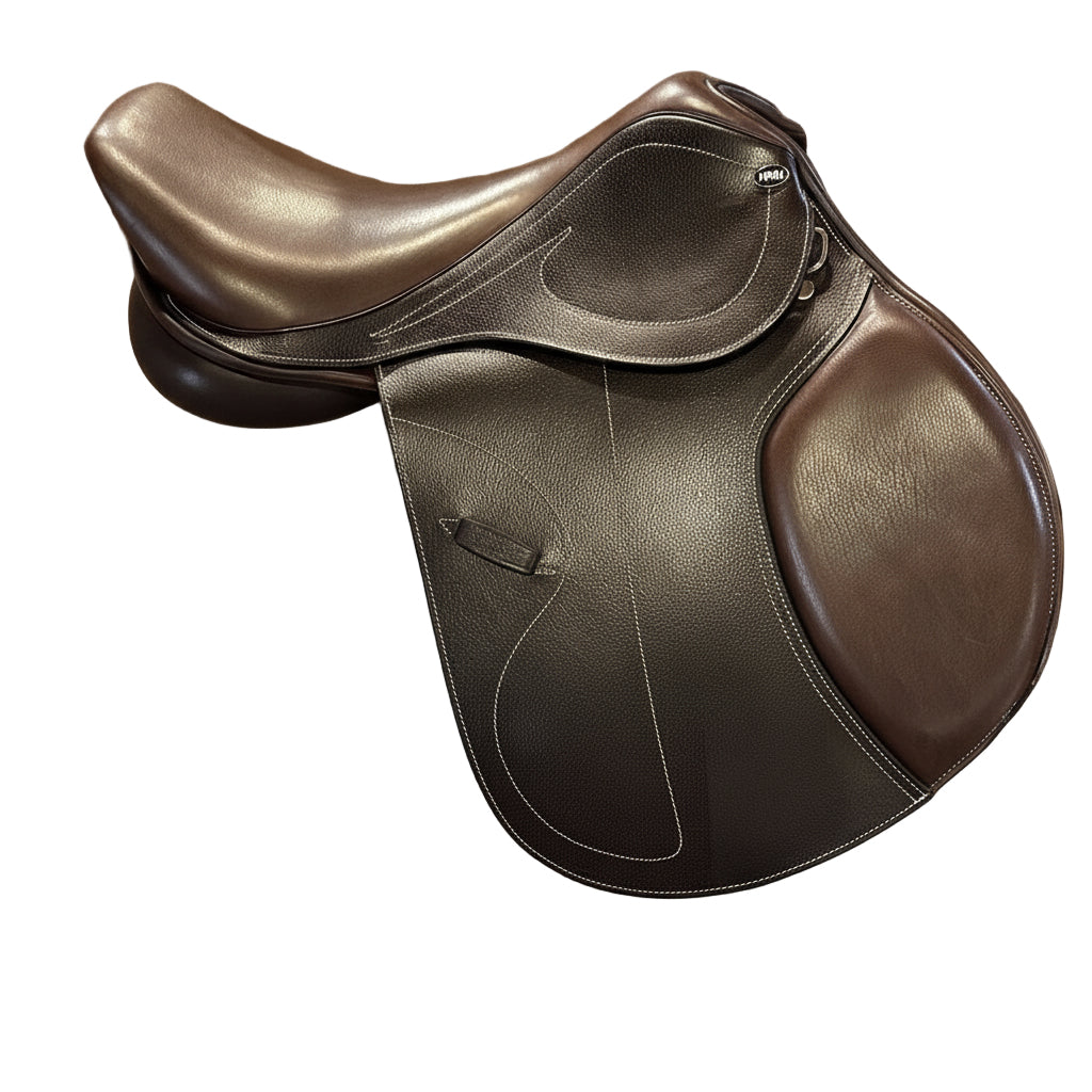 HKM Jumping Saddle Canyon – Dark Brown on a white saddle pad, showcasing premium calf leather and sleek design.