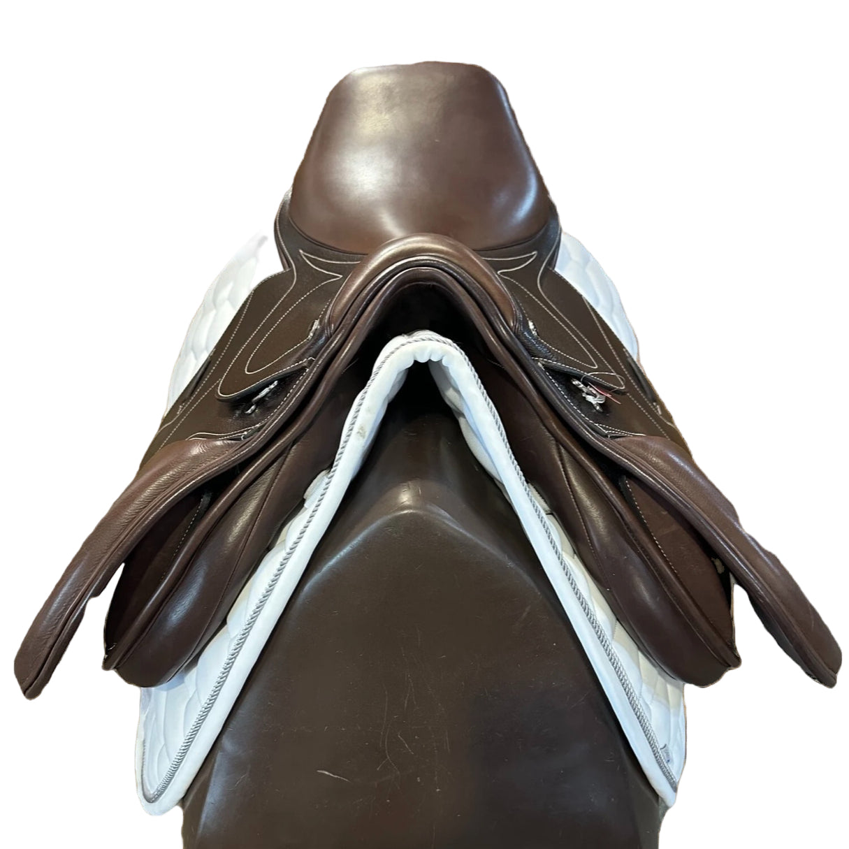 HKM Jumping Saddle Canyon – Dark Brown viewed from above on a saddle pad, showcasing premium leather and design.