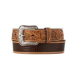 Ariat Men’s 1½" Crocodile Inlay Belt – Brown Leather with Embossed Tabs