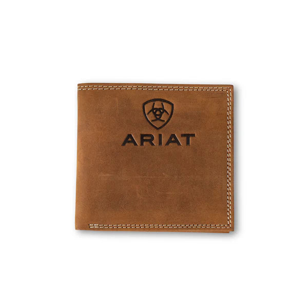 Ariat Men’s Bifold Wallet – Medium Brown Leather with Embossed Logo