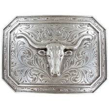 Ariat Rectangle Smooth Edge Longhorn Buckle – Silver & Brass Western Belt Buckle