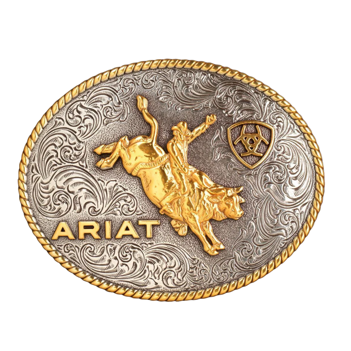 Ariat Oval Rope Edge Bullrider Buckle – Antique Silver & Gold Western Belt Buckle