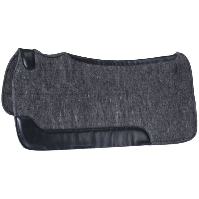 Gray saddle pad with black border on a white background