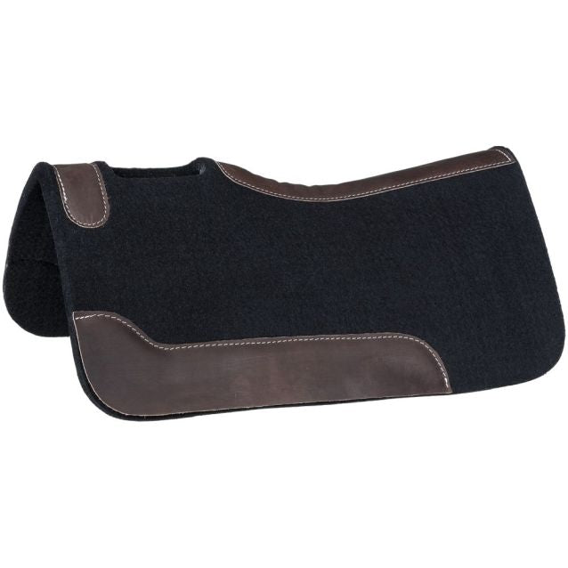 Black saddle pad with brown accents on a white background