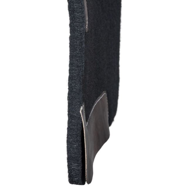 Close-up of a black shoe with a textured sole on a white background