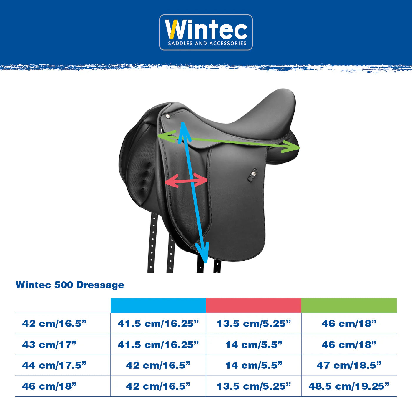 Wintec dressage saddle with measurement chart on a white background