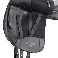 Close-up of a Wintec saddle with a focus on the brand name.