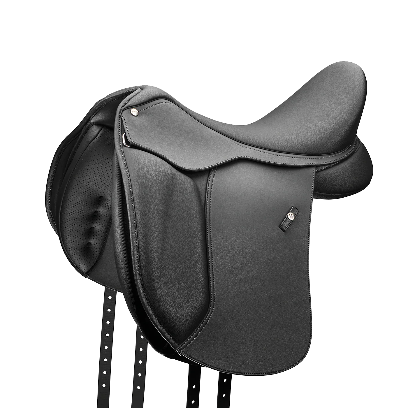 Black leather saddle on a white background