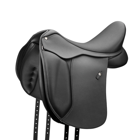 Black leather saddle on a white background