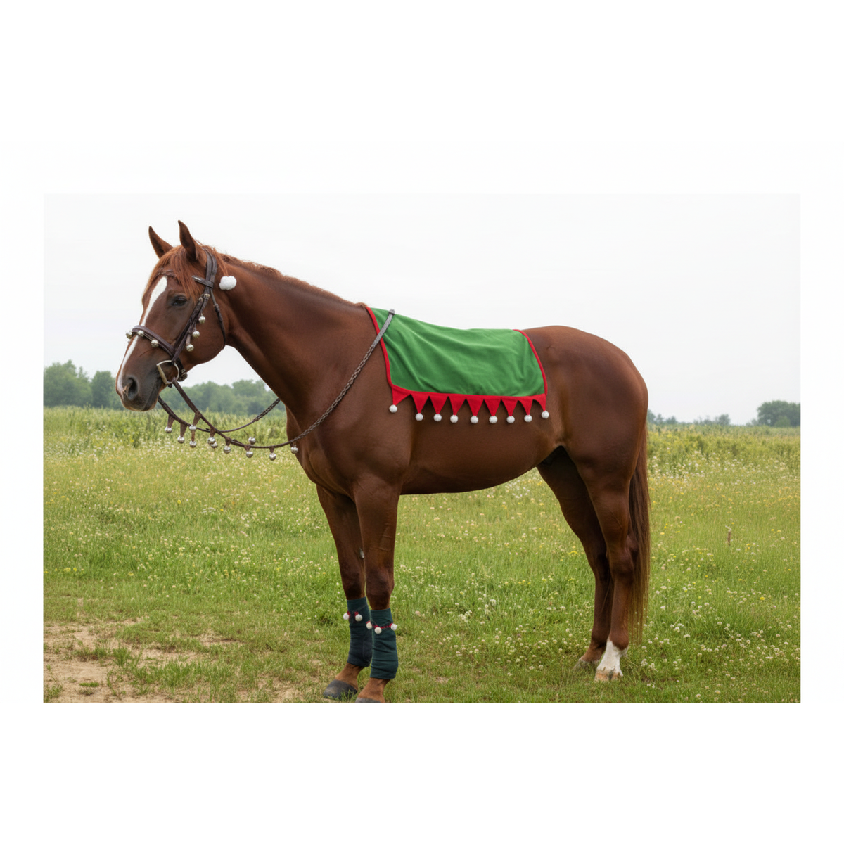 Caballo castaño con únicamente la mantilla, sin silla ni cincha