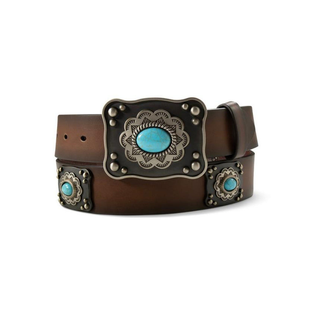 Cinturón Ariat para mujer de 3,8 cm con hebilla de arnés y puntada de insecto – Cinturón estilo western de cuero marrón medio
